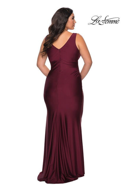 Picture of: Simple Jersey Plus Size Gown with Faux Wrap Bodice in Burgundy, Style: 29028, Back Picture