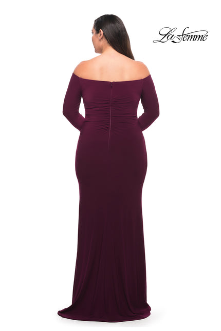Picture of: Long Sleeve Off the Shoulder Plus Size Gown in Dark Berry, Style: 29530, Back Picture