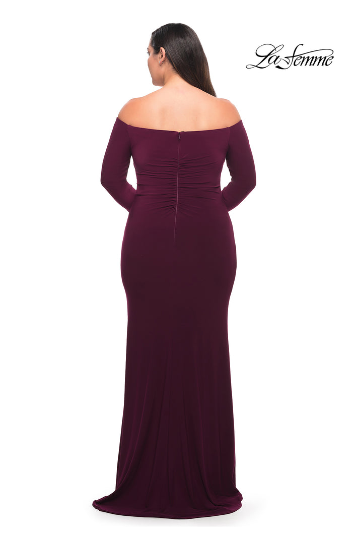 Picture of: Long Sleeve Off the Shoulder Plus Size Gown in Dark Berry, Style: 29530, Back Picture