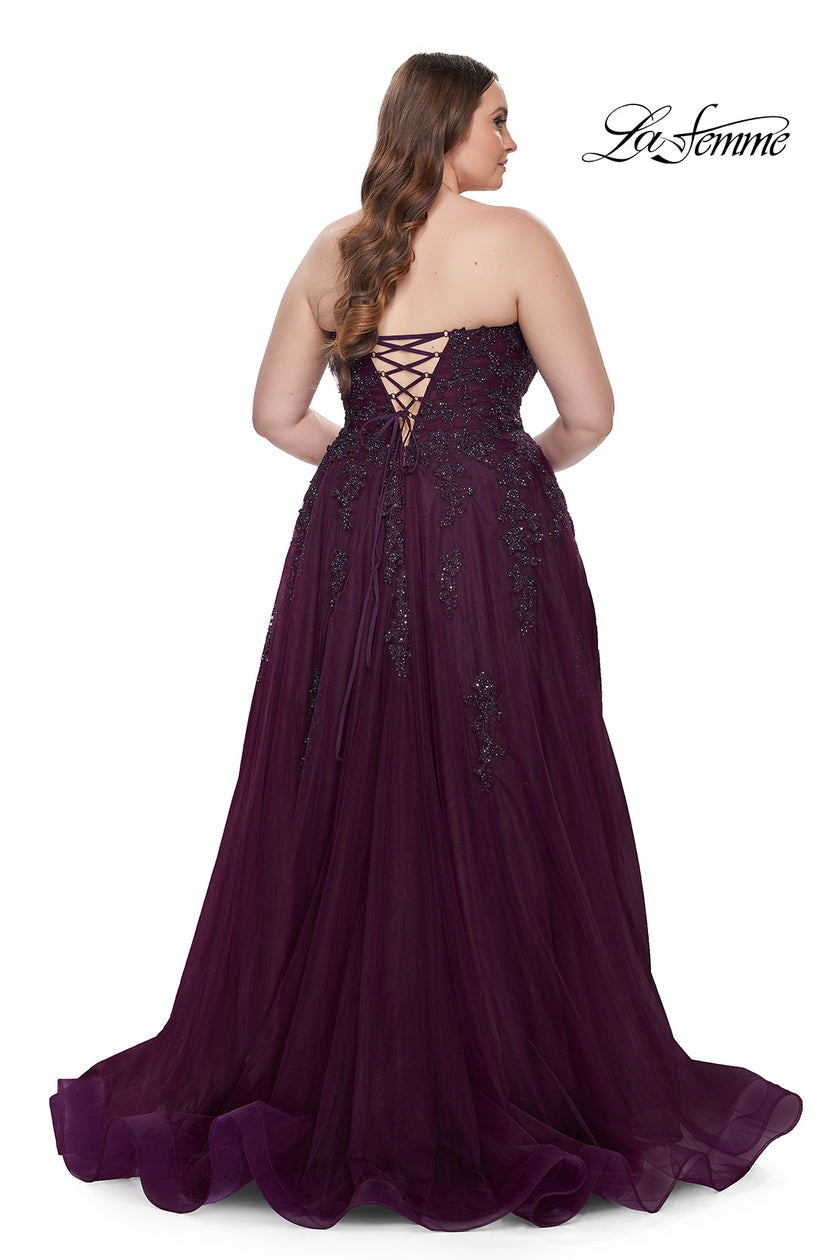 Picture of: Strapless Lace and Tulle A-Line Plus Gown with Tie Back in Dark Berry, Style: 31570, Back Picture