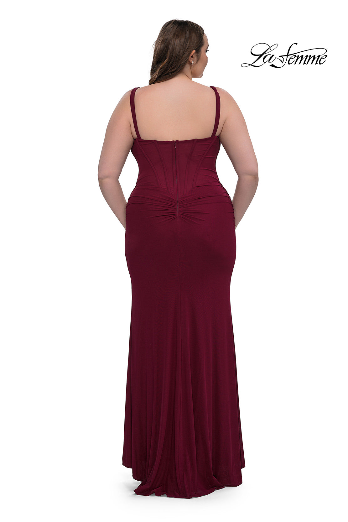 Picture of: Flattering Curve Dress with Corset Top and Ruched Skirt in Dark Berry, Style: 33015, Back Picture