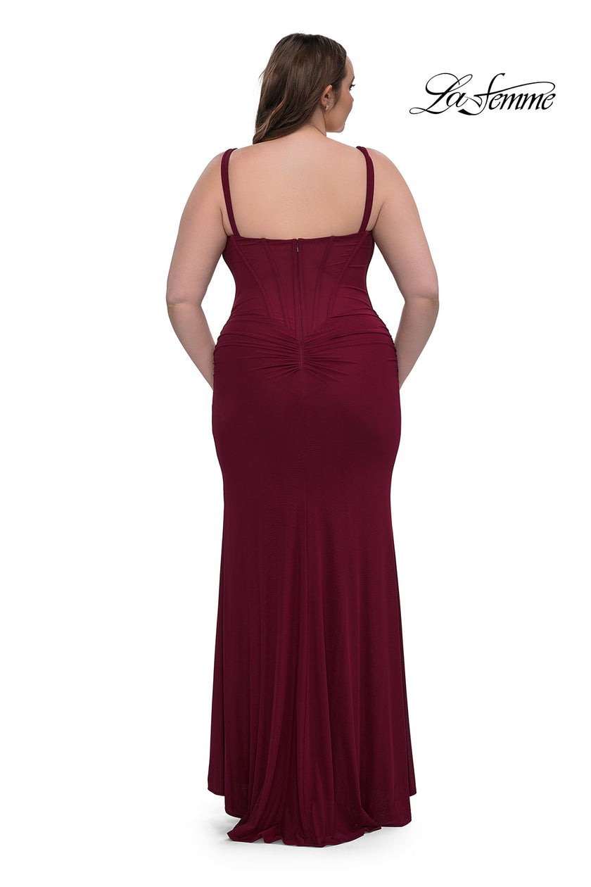 Picture of: Flattering Curve Dress with Corset Top and Ruched Skirt in Dark Berry, Style: 33015, Back Picture
