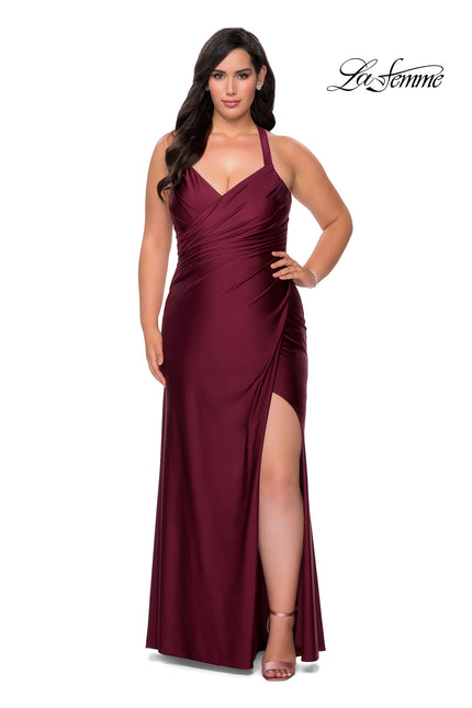 Picture of: Chic Jersey Plus Size Gown with Strappy Back in Burgundy, Style: 29062, Detail Picture 1