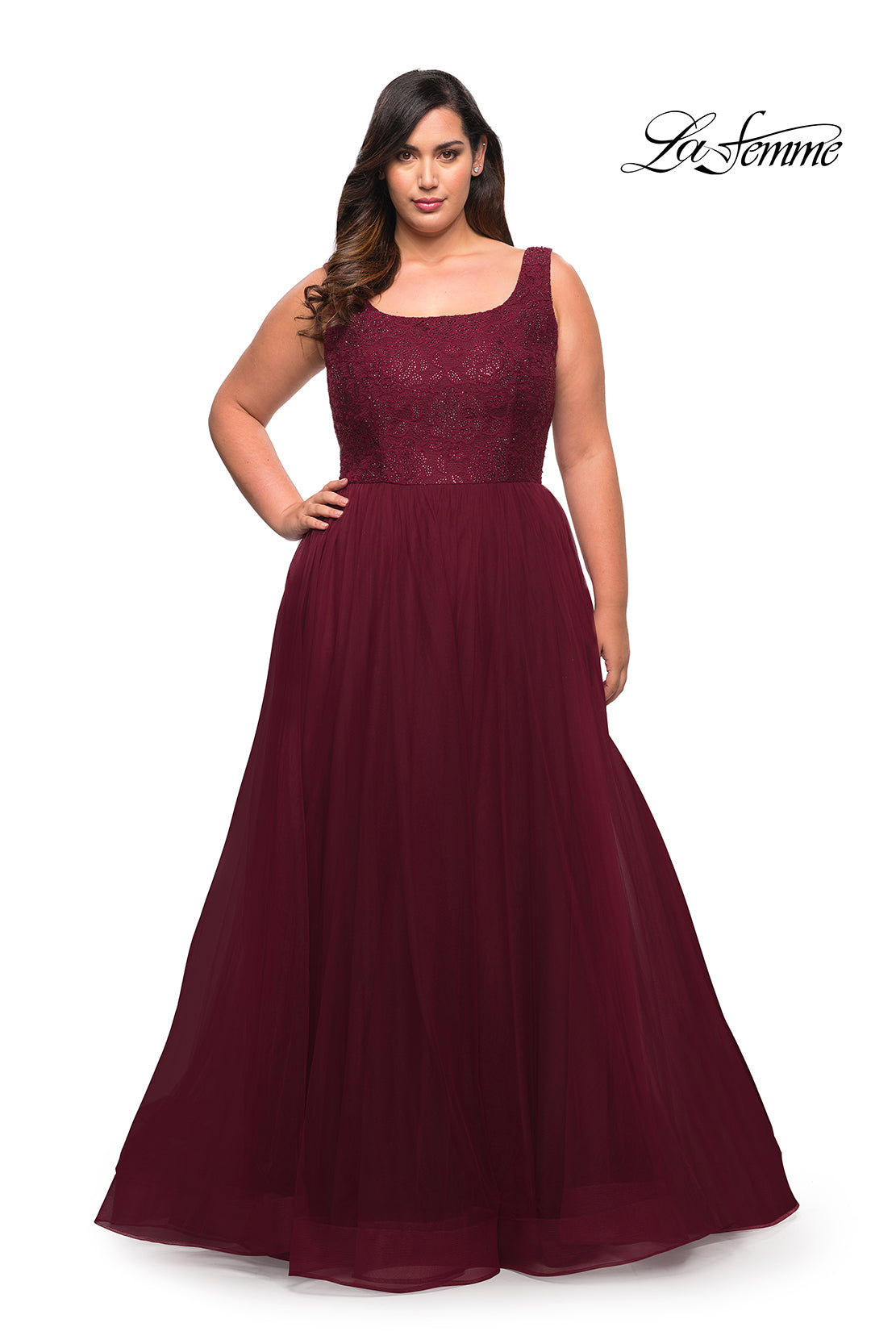Picture of: A-line Tulle and Lace Plus Size Gown with Slit in Dark Berry, Style: 29070, Detail Picture 1