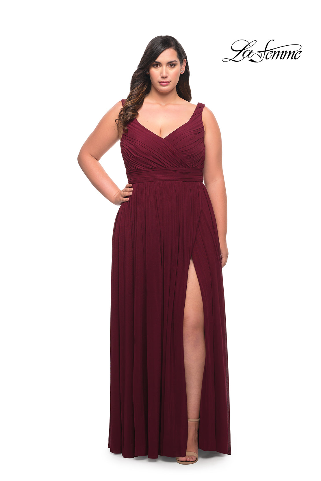 Picture of: Net Jersey Plus Size Long Dress with Slit and V Neck in Dark Berry, Style: 29075, Detail Picture 1