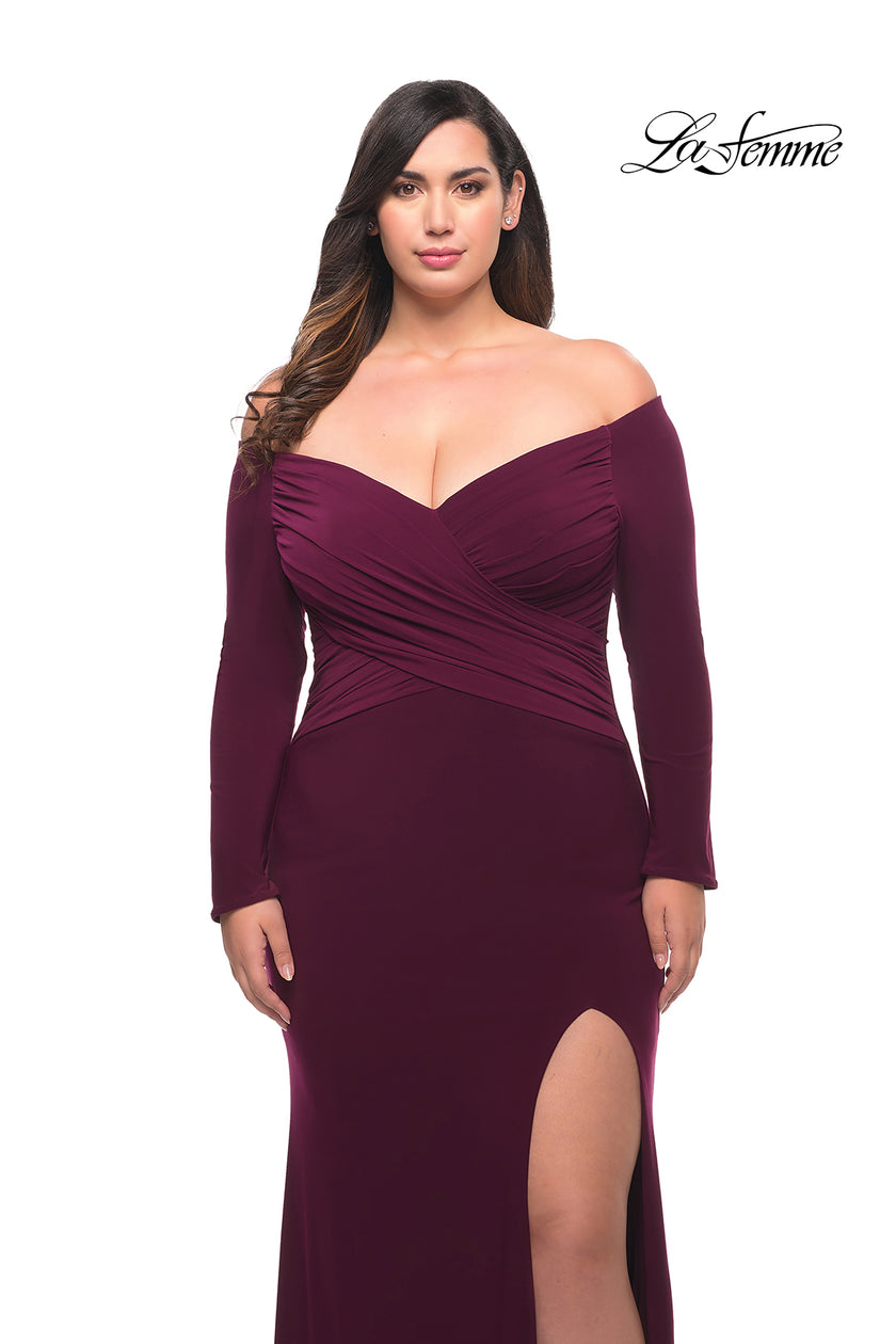 Picture of: Long Sleeve Off the Shoulder Plus Size Gown in Dark Berry, Style: 29530, Detail Picture 3