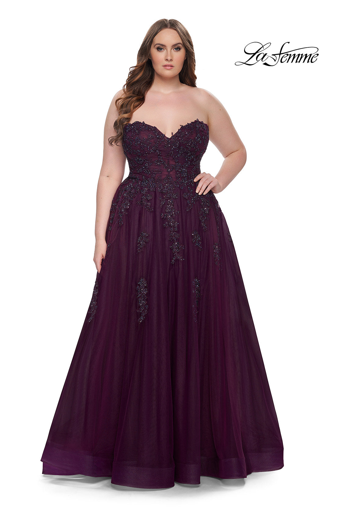 Picture of: Strapless Lace and Tulle A-Line Plus Gown with Tie Back in Dark Berry, Style: 31570, Detail Picture 3