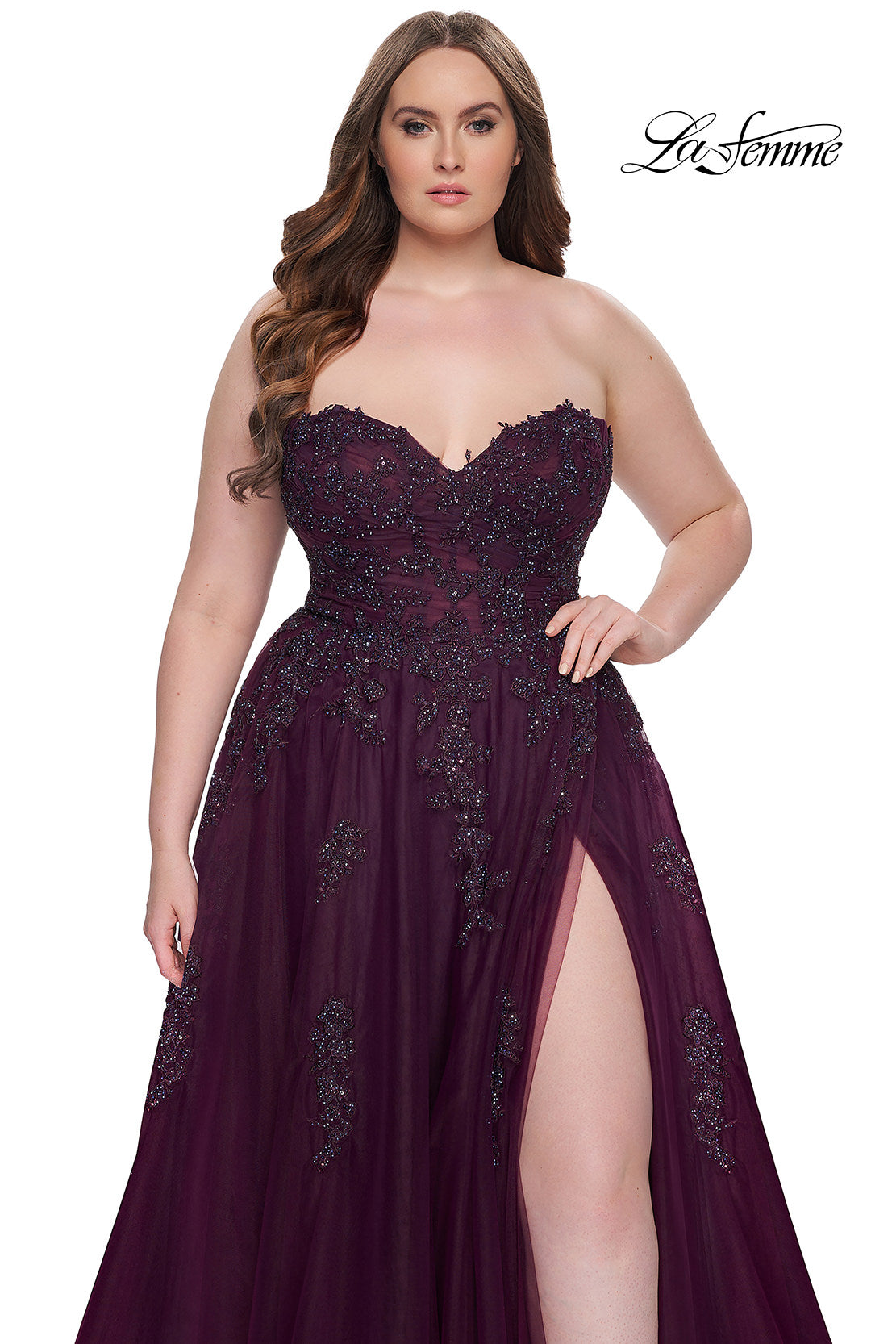 Picture of: Strapless Lace and Tulle A-Line Plus Gown with Tie Back in Dark Berry, Style: 31570, Detail Picture 4