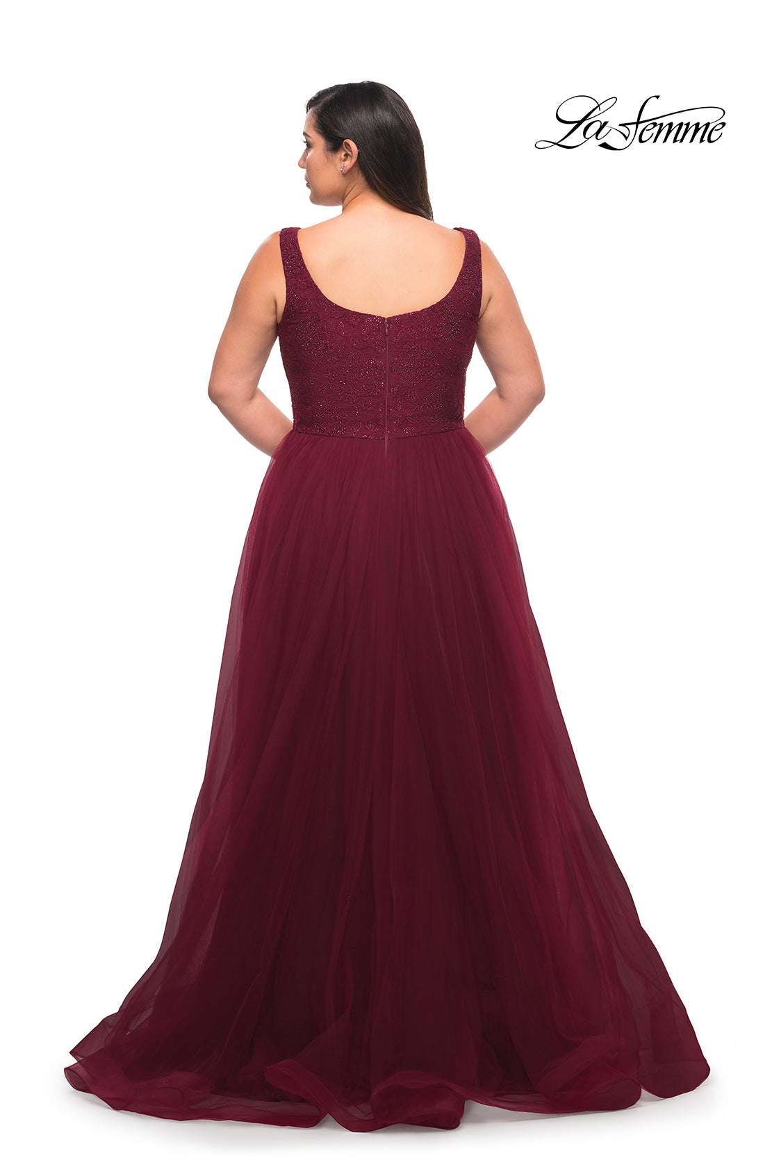 Picture of: A-line Tulle and Lace Plus Size Gown with Slit in Dark Berry, Style: 29070, Detail Picture 5