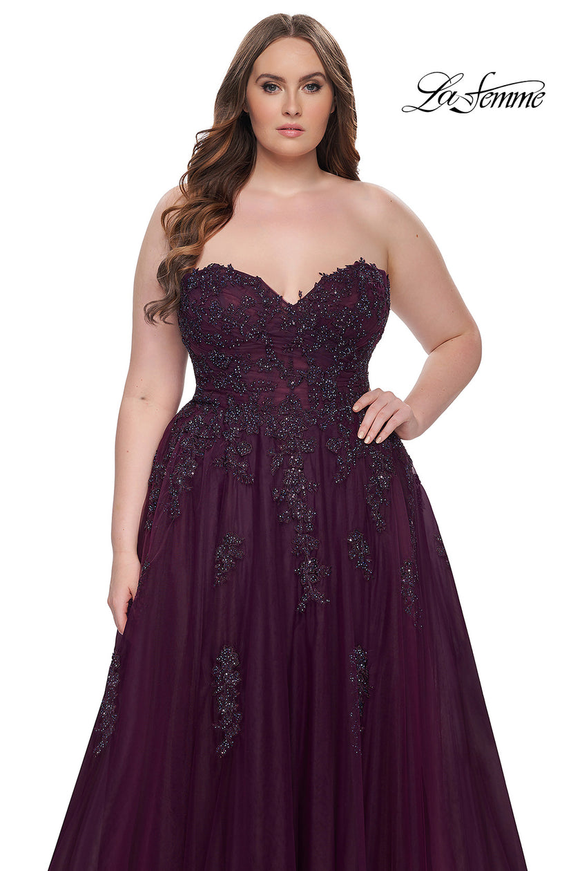 Picture of: Strapless Lace and Tulle A-Line Plus Gown with Tie Back in Dark Berry, Style: 31570, Detail Picture 5