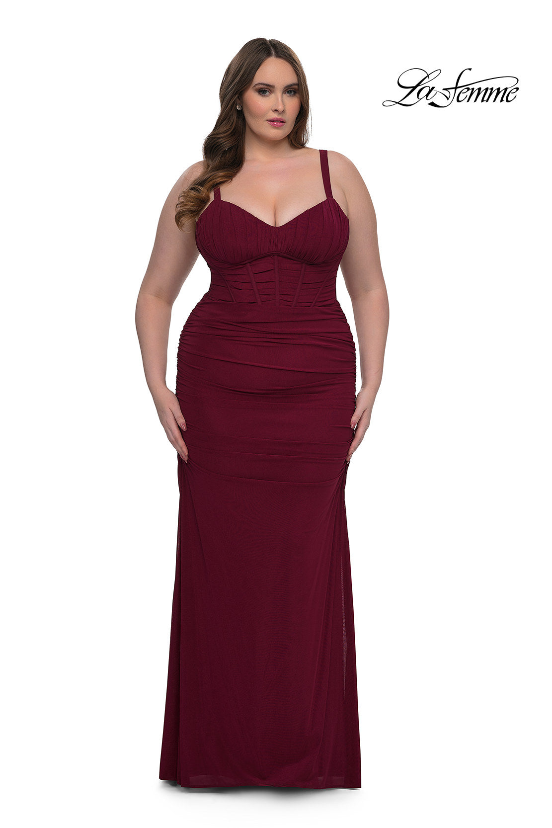Picture of: Corset Net Jersey Plus Size Dress with V Neck in Dark Berry, Style: 32402, Detail Picture 5