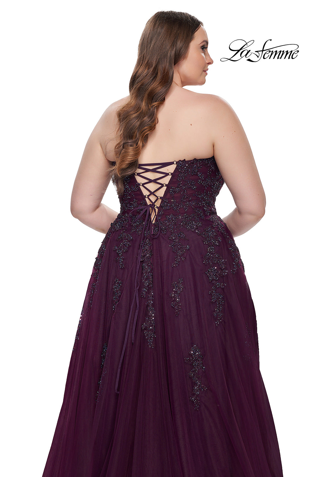 Picture of: Strapless Lace and Tulle A-Line Plus Gown with Tie Back in Dark Berry, Style: 31570, Detail Picture 6