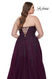 Picture of: Strapless Lace and Tulle A-Line Plus Gown with Tie Back in Dark Berry, Style: 31570, Detail Picture 6