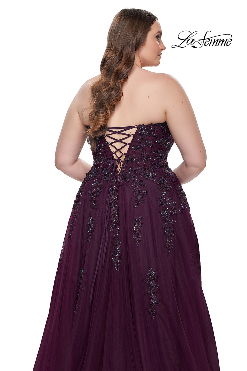 Picture of: Strapless Lace and Tulle A-Line Plus Gown with Tie Back in Dark Berry, Style: 31570, Detail Picture 6