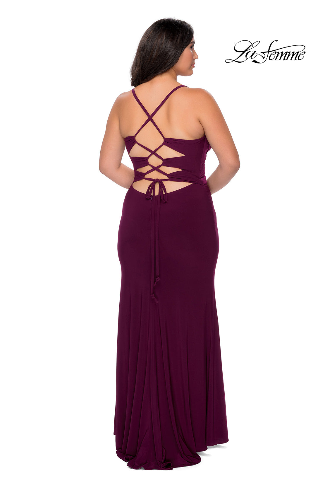 Picture of: Jersey Plus Size Dress with Slit and Lace Up Back in Burgundy, Style: 29055, Detail Picture 7