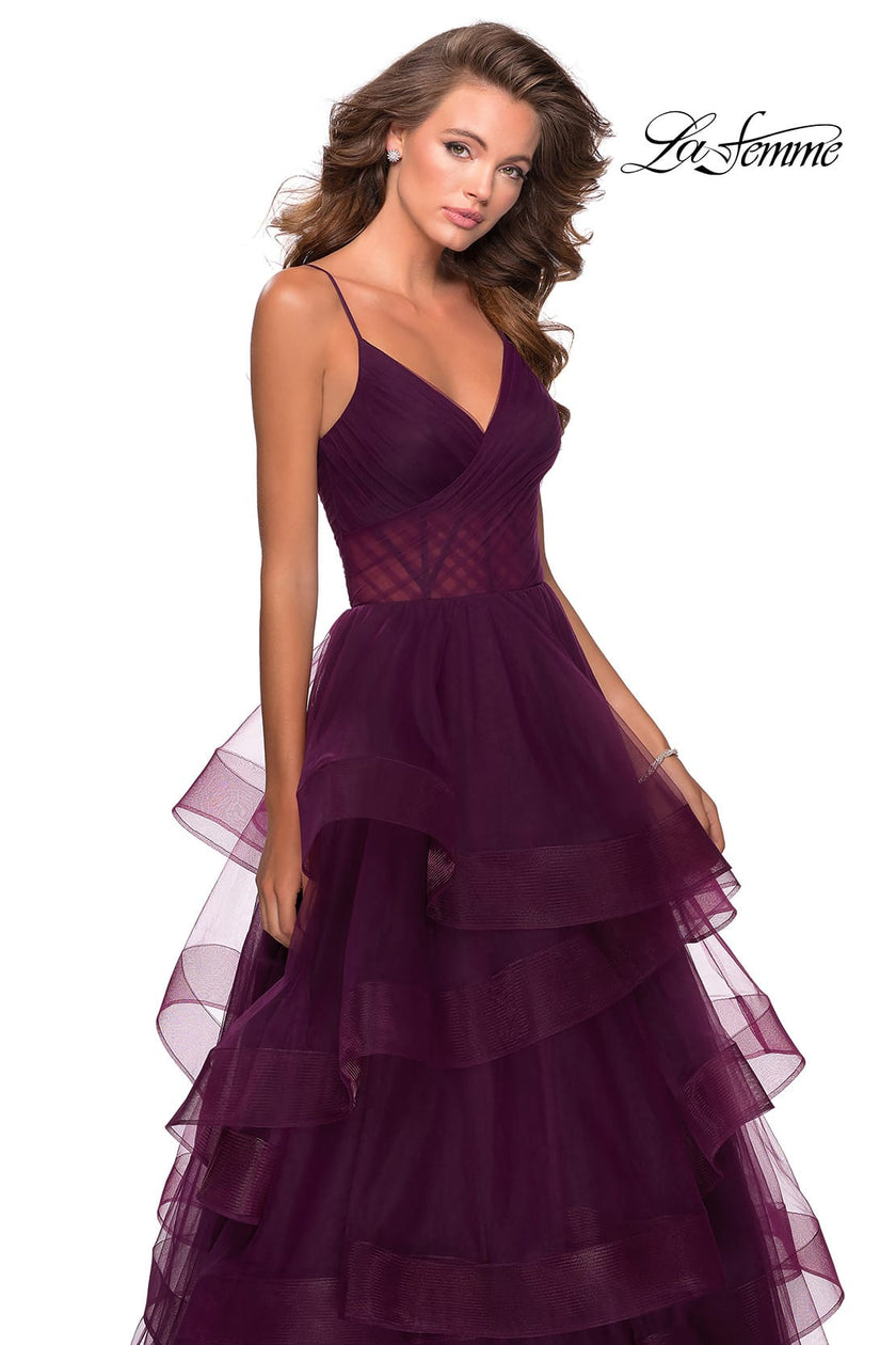 Picture of: Tiered Tulle Ball Gown with Sheer Bodice in Burgundy, Style: 28641, Main Picture