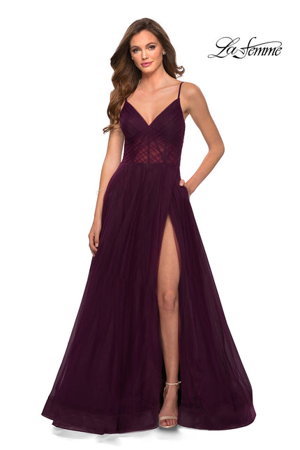 Picture of: A Line Tulle Prom Dress with Sheer Bodice in Dark Berry, Style 29076, Main Picture