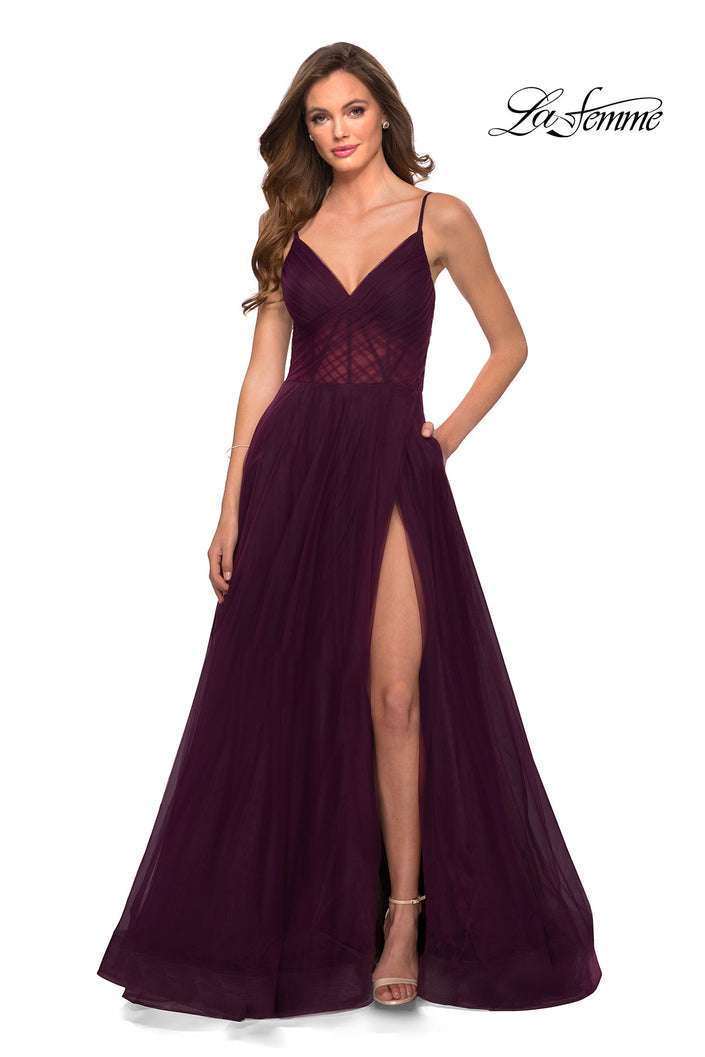 Picture of: A Line Tulle Prom Dress with Sheer Bodice in Dark Berry, Style 29076, Main Picture