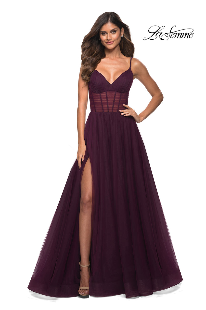 Picture of: Tulle A-line Prom Dress with Corset Sheer Bodice in Dark Berry, Main Picture