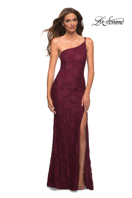 Picture of: One Shoulder Long Lace Prom Dress with Open Back in Dark Berry, Main Picture