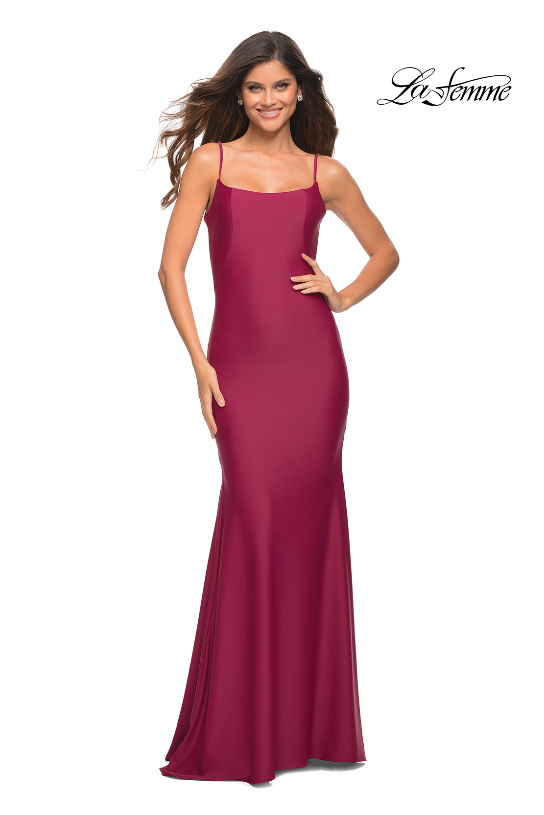 Picture of: Chic Luxe Jersey Gown with Train and V Back in Dark Berry, Main Picture