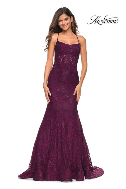 Picture of: Mermaid Lace Gown with Sheer Bodice and Open Back in Dark Berry, Main Picture