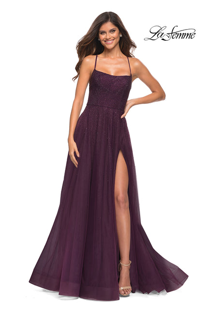 Picture of: Rhinestone and Tulle Gown with A-line Skirt in Dark Berry, Main Picture