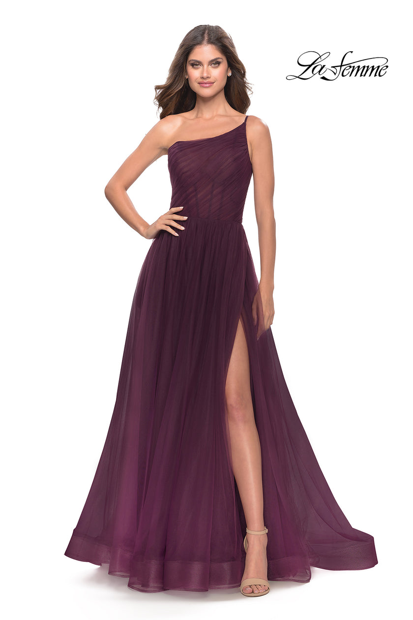 Picture of: One Shoulder A-Line Tulle Gown with Sheer Bodice in Dark Berry, Style: 31069, Main Picture