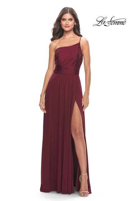Picture of: Chic One Shoulder Long Jersey Gown with Defined Waist in Dark Berry, Style: 31170, Main Picture