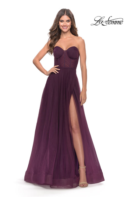 Picture of: Illusion Bodice A-line Gown with Boning and Defined Cups in Dark Berry, Style: 31205, Main Picture