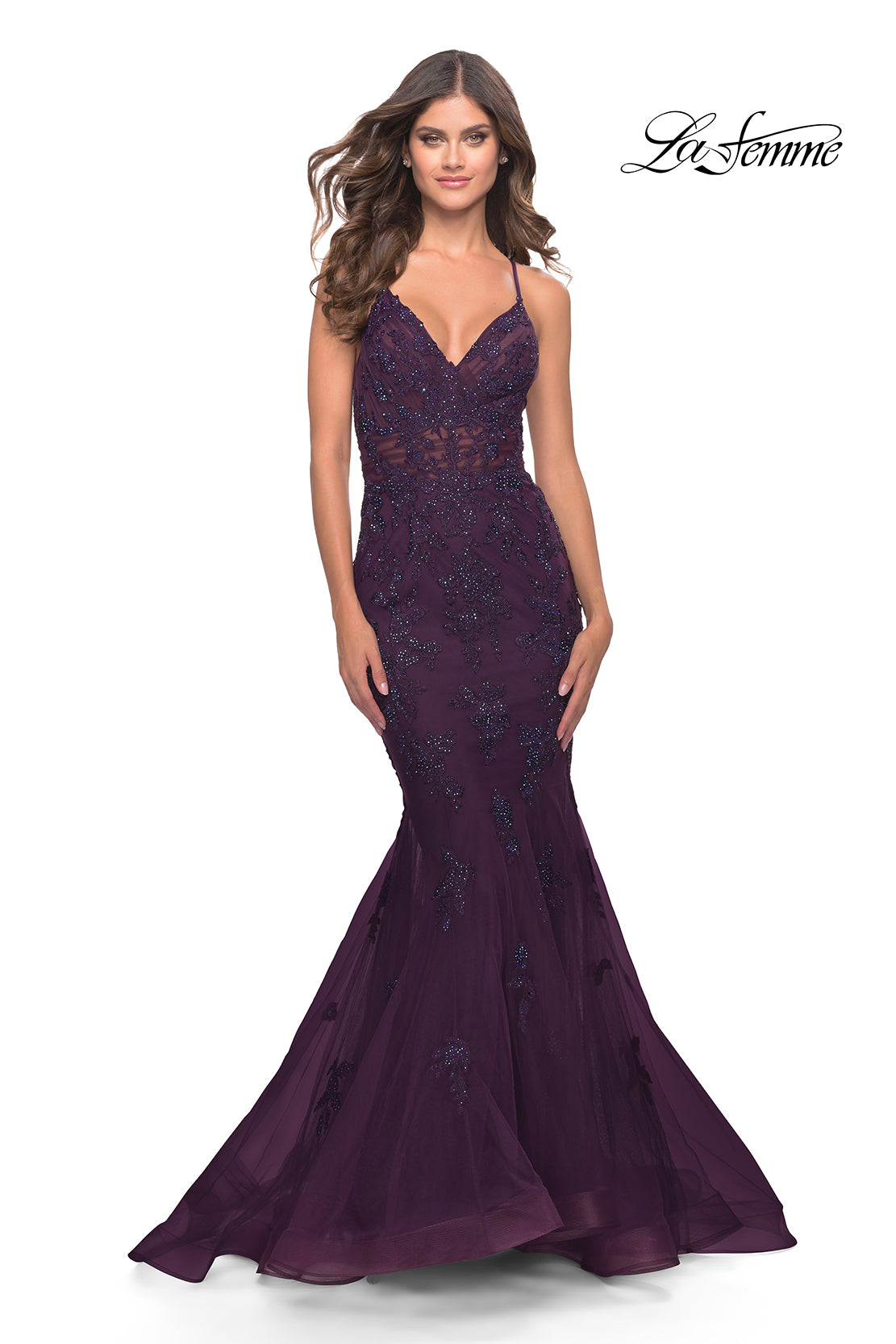 Picture of: Beautiful Mermaid Lace Applique Gown with Open Back in Dark Berry, Style: 31316, Main Picture