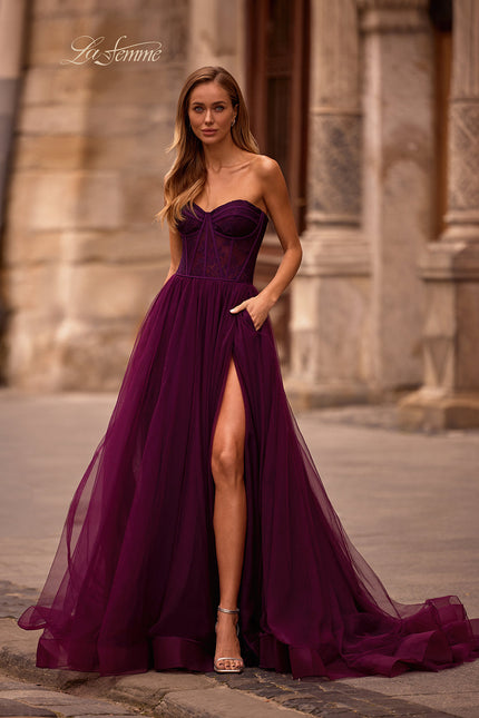 Picture of: A-line Tulle Gown with Lace Corset Bodice and Slit in Dark Berry, Style: 32579, Main Picture