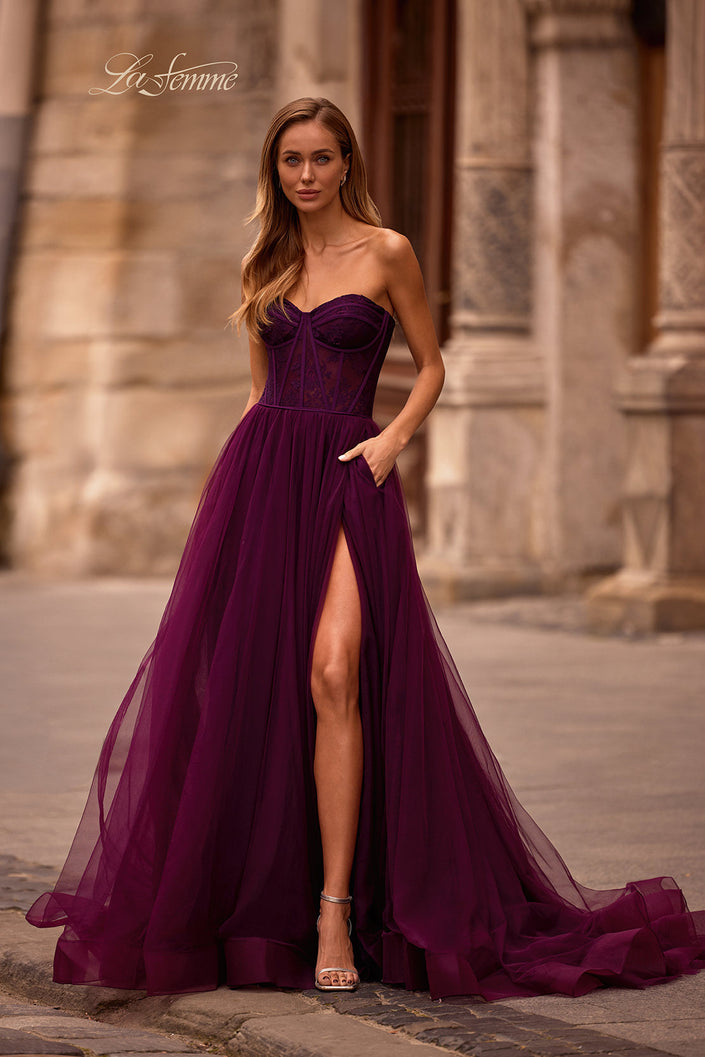 Picture of: A-line Tulle Gown with Lace Corset Bodice and Slit in Dark Berry, Style: 32579, Main Picture