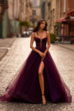Picture of: Tulle Prom Dress with A-Line Skirt and Ruched Corset Top in Dark Berry, Style 32700, Main Picture