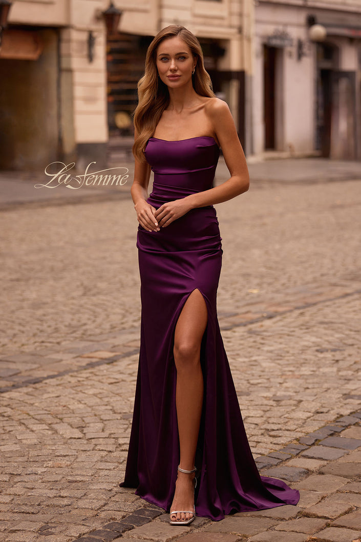 Picture of: Strapless Satin Evening Dress with Ruching and Lace Up Back in Dark Berry, Style: 32952, Main Picture