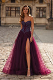 Picture of: Tulle Ball Gown with Beaded Corset Bodice and High Slit in Dark Berry, Style: 33410, Main Picture