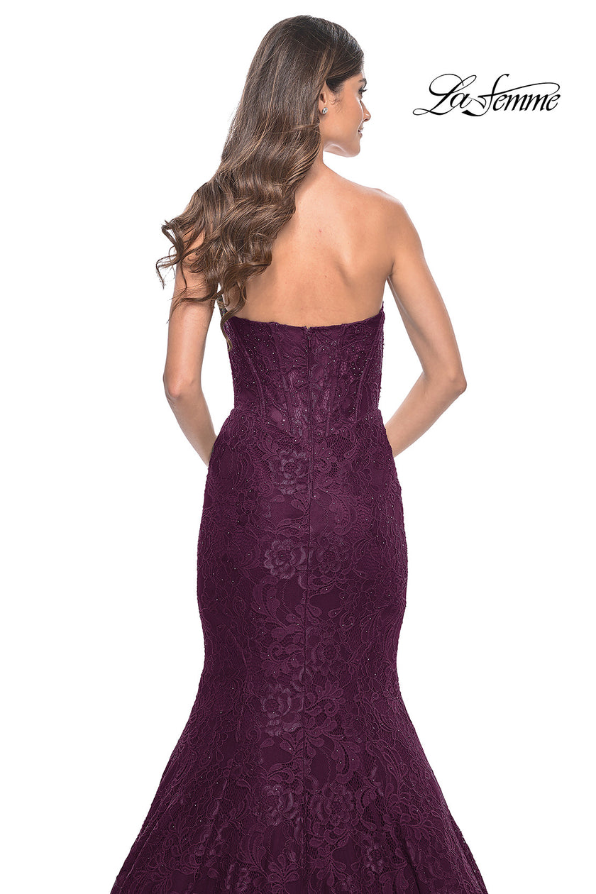 Picture of: Mermaid Stretch Lace Dress with Bustier Top and Sheer Back in Dark Berry, Style: 32249, Detail Picture 8