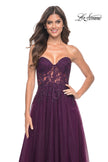 Picture of: Rhinestone Tulle A-Line Gown with Lace Bodice in Jewel Tones in Dark Berry, Style: 32253, Detail Picture 8