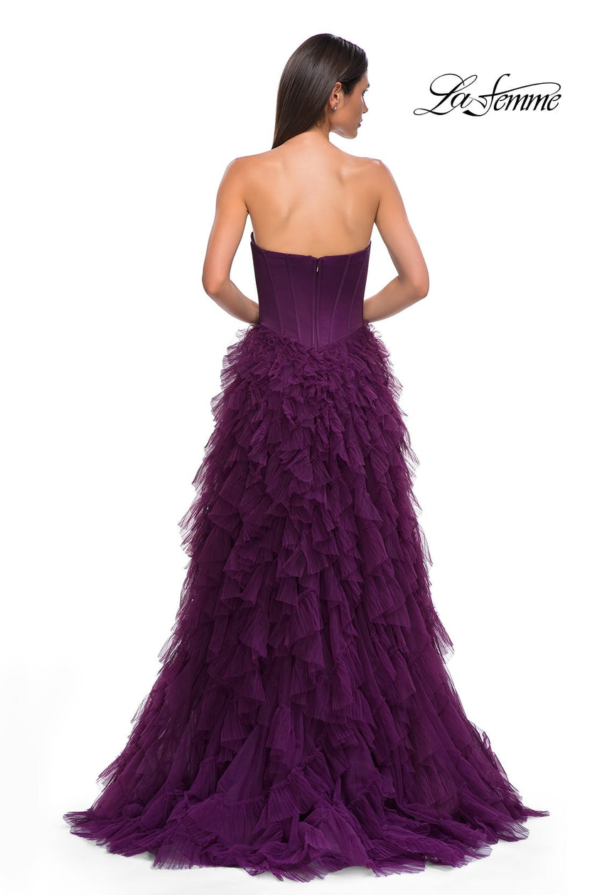 Picture of: Prom Dress with Tulle Ruffle Skirt and Satin Corset Top in Dark Berry, Style 32760, Detail Picture 8