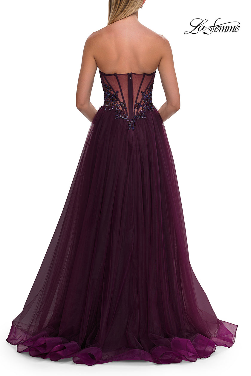 Picture of: Strapless Lace Corset Tulle Gown with Slit in Dark Berry, Style: 33363, Detail Picture 8