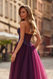 Picture of: Tulle Ball Gown with Beaded Corset Bodice and High Slit in Dark Berry, Style: 33410, Detail Picture 8