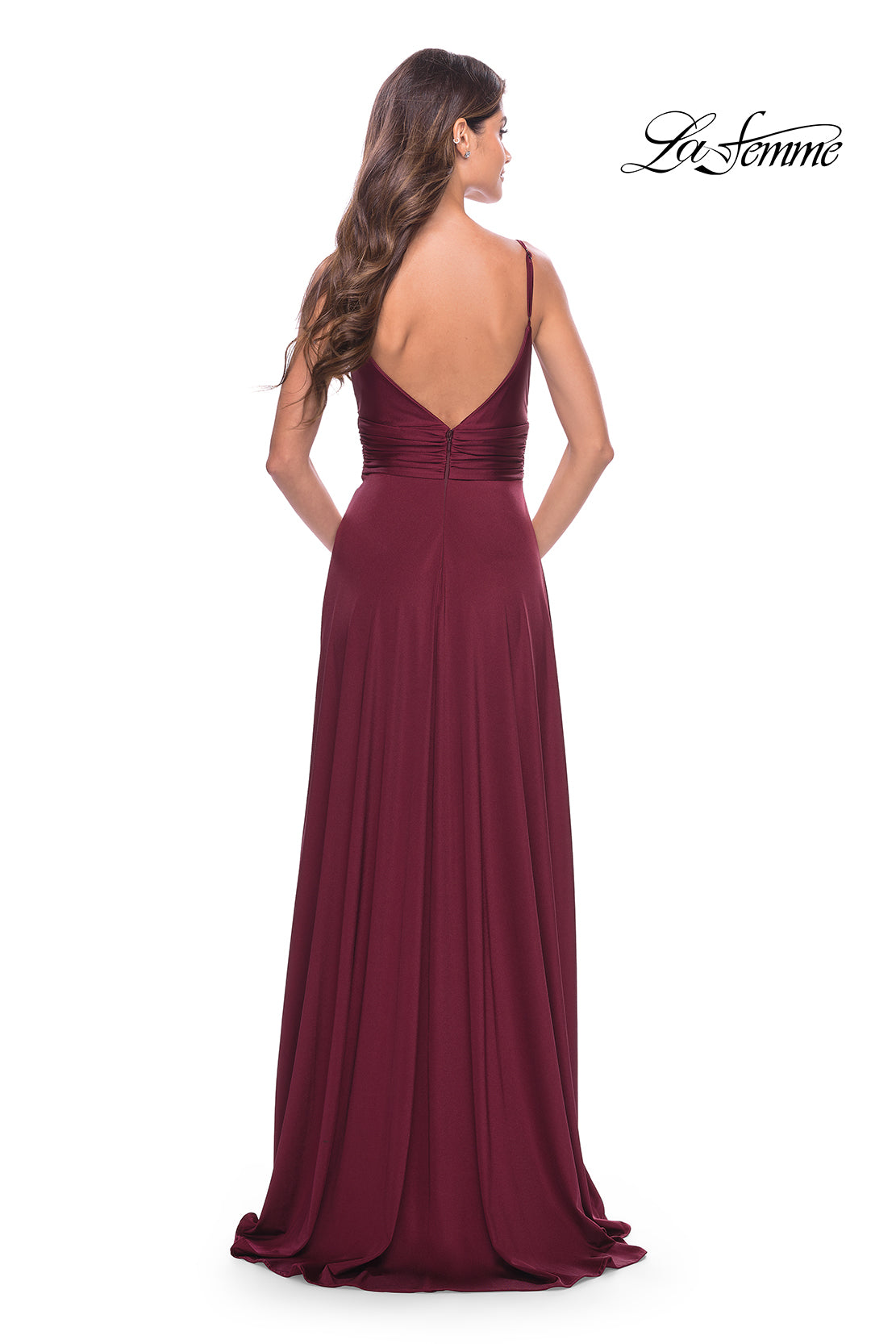 Picture of: Versatile Long Jersey Gown with V and Slit in Dark Berry, Style: 31090, Detail Picture 9