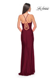 Picture of: Ruched Jersey Prom Dress with Slit in Jewel Tones in Dark Berry, Style 31130, Detail Picture 9