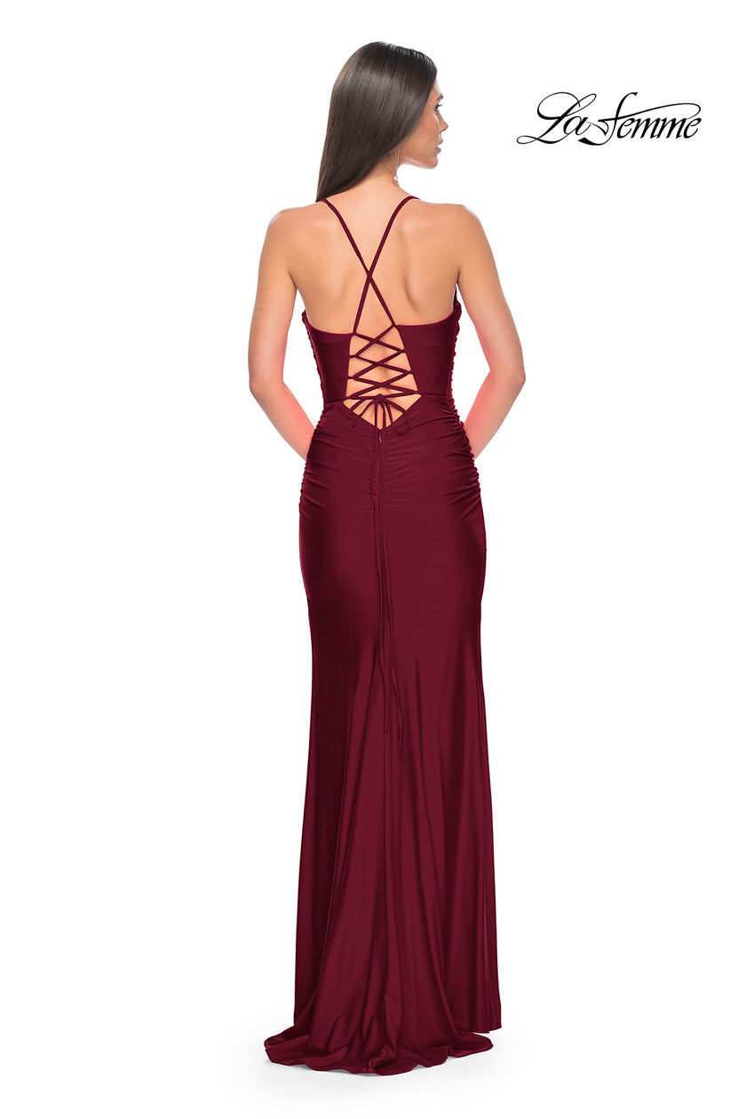Picture of: Ruched Jersey Prom Dress with Slit in Jewel Tones in Dark Berry, Style 31130, Detail Picture 9