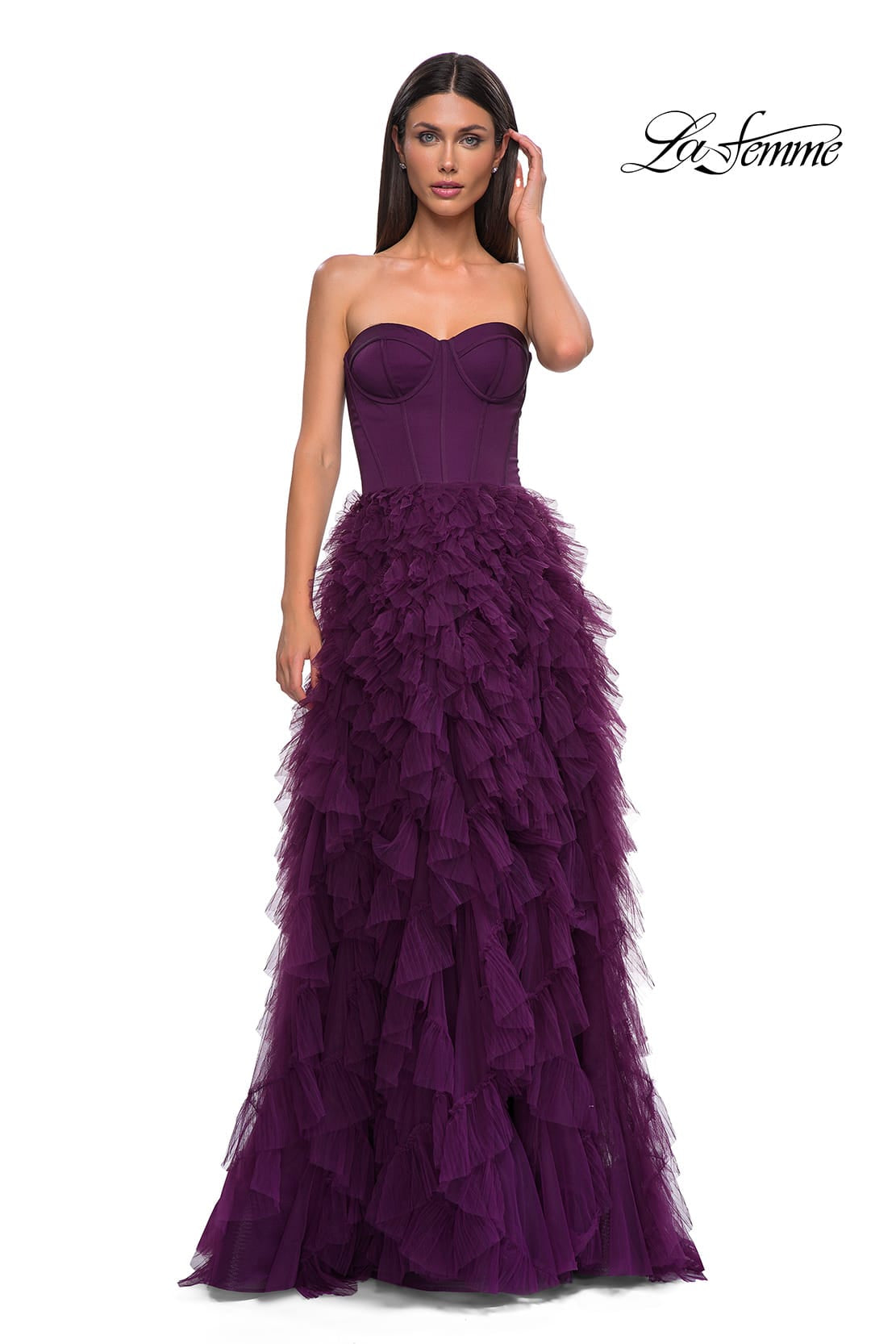 Picture of: Prom Dress with Tulle Ruffle Skirt and Satin Corset Top in Dark Berry, Style 32760, Detail Picture 9