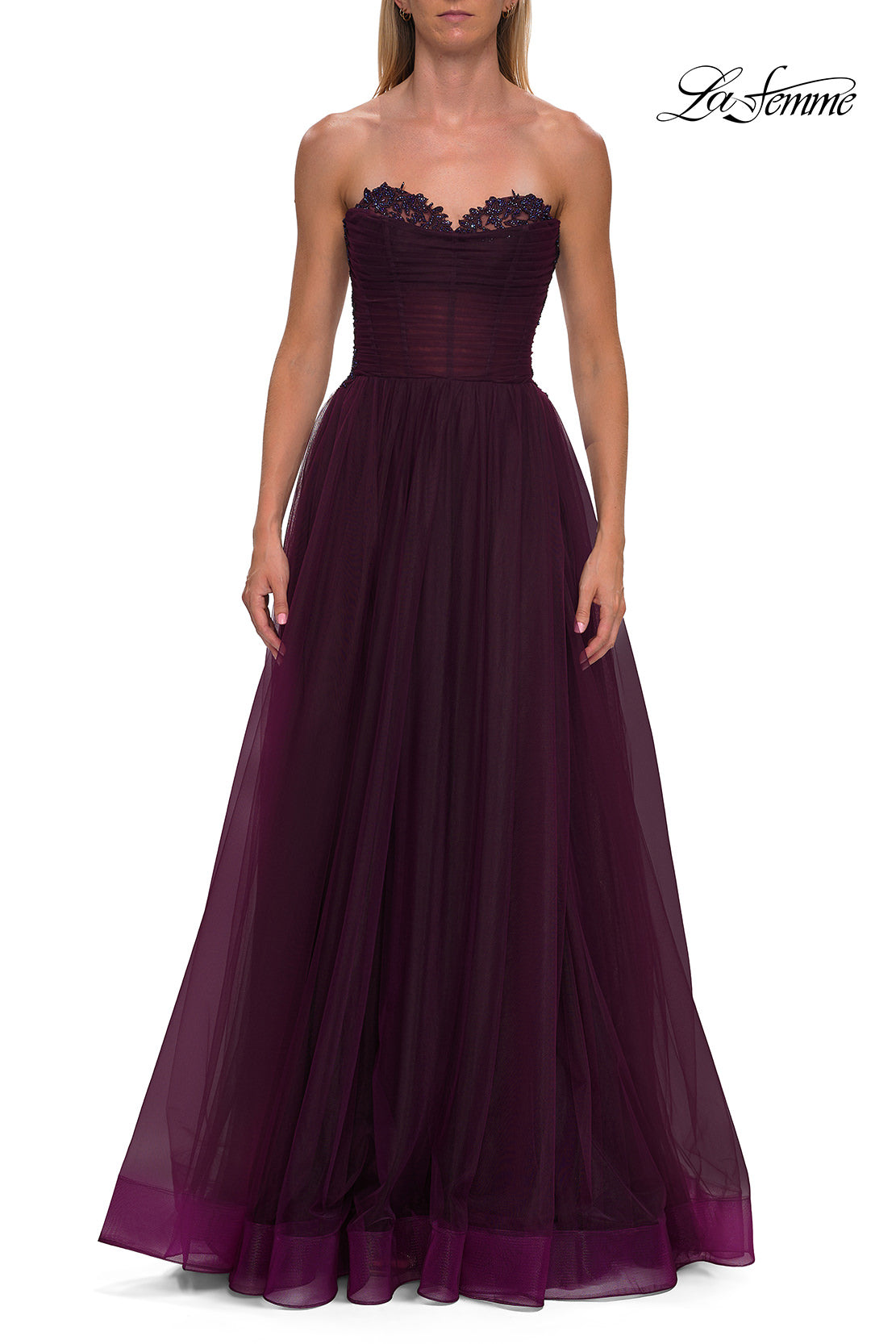 Picture of: Strapless Lace Corset Tulle Gown with Slit in Dark Berry, Style: 33363, Detail Picture 9