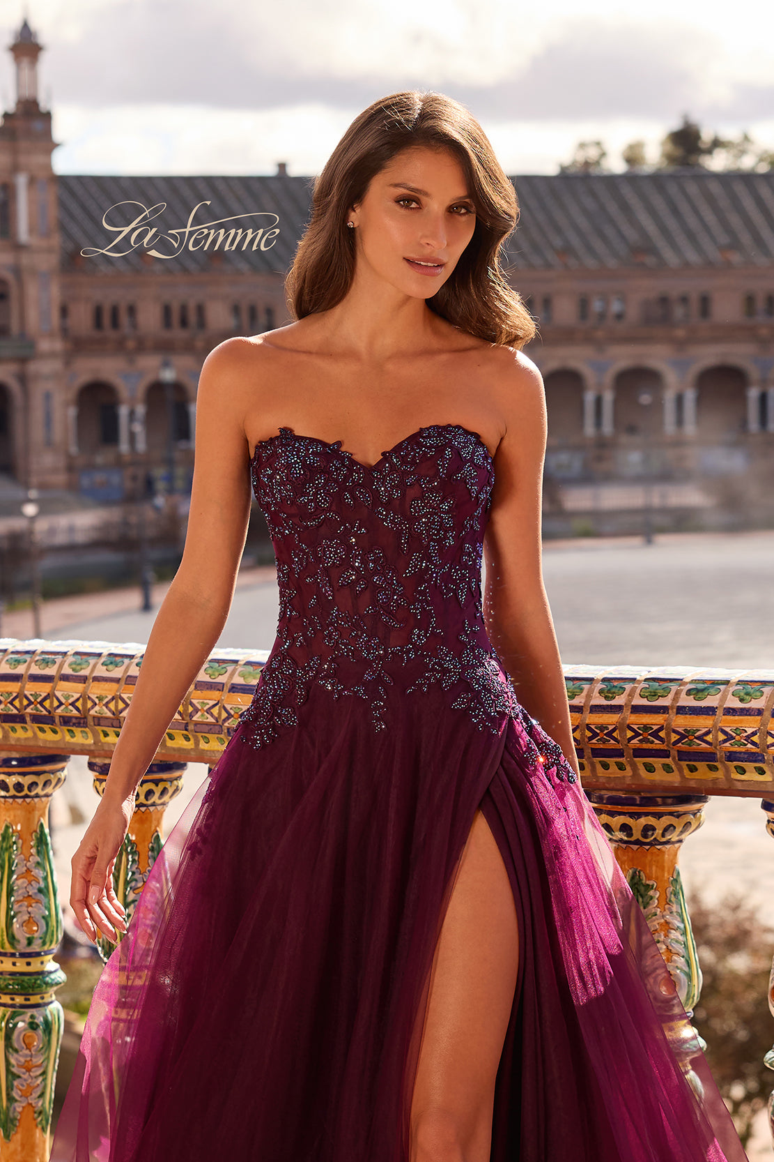 Picture of: Illusion Embroidered Lace Tulle Gown with Slit in Dark Berry, Style: 33551, Detail Picture 9