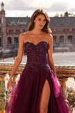 Picture of: Illusion Embroidered Lace Tulle Gown with Slit in Dark Berry, Style: 33551, Detail Picture 9