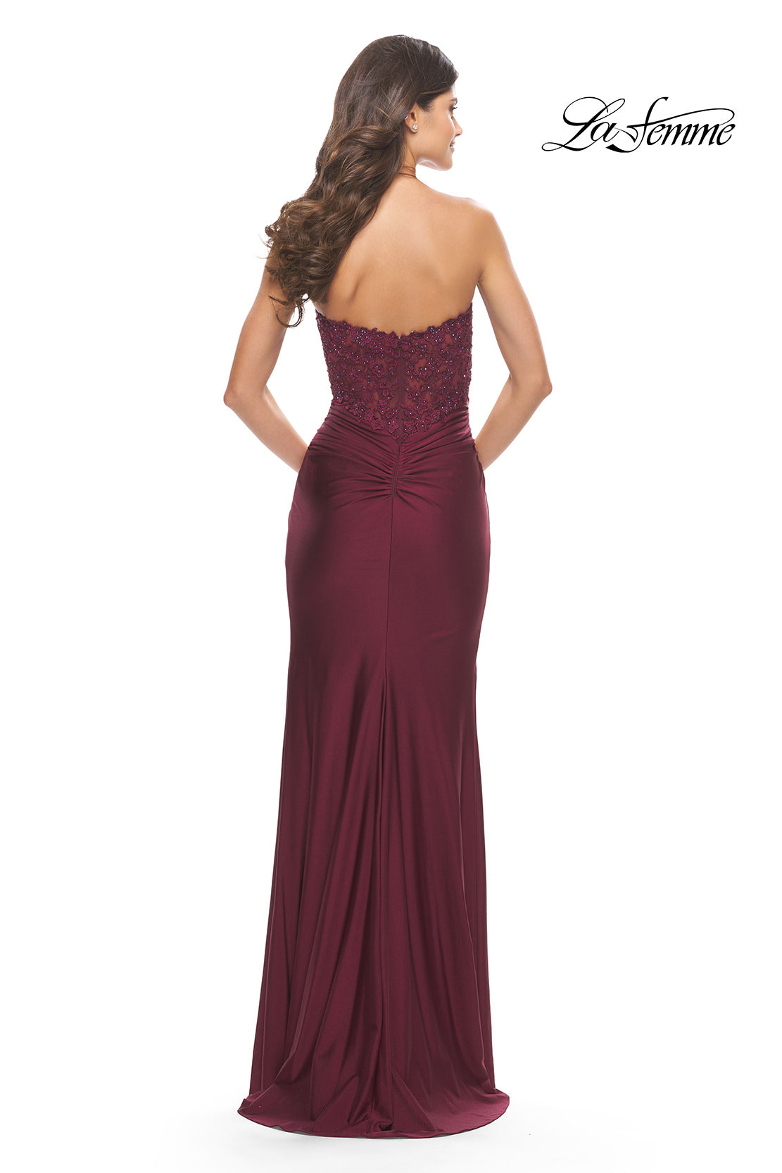 Picture of: Long Dress with Jersey Skirt and Lace Illusion Bodice in Dark Berry, Style: 31182, Detail Picture 10
