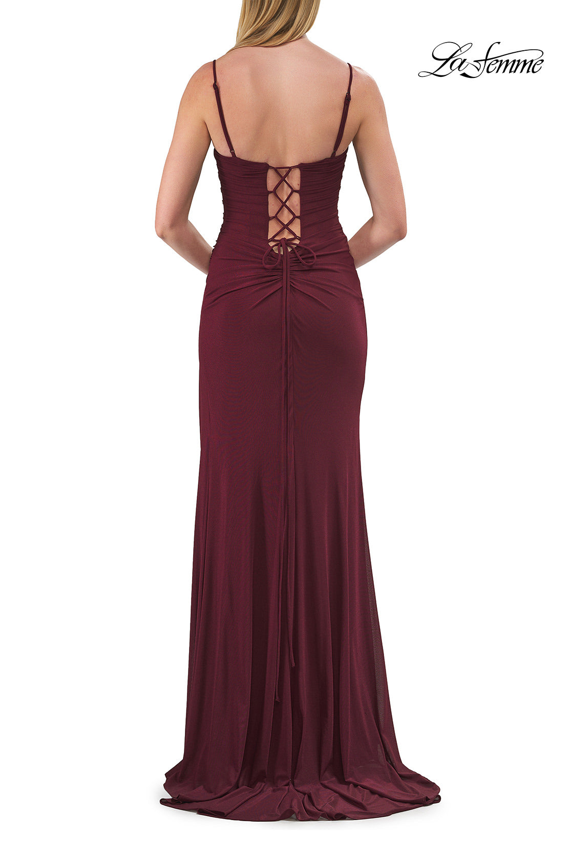 Picture of: Ruched Jersey Gown with Lace-Up Back and High Slit in Dark Berry, Style: 33298, Detail Picture 10